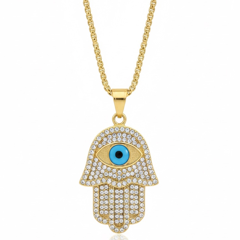Hamsa Pendant Necklace (Gold-Plated Stainless Steel, 24” Chain Included)